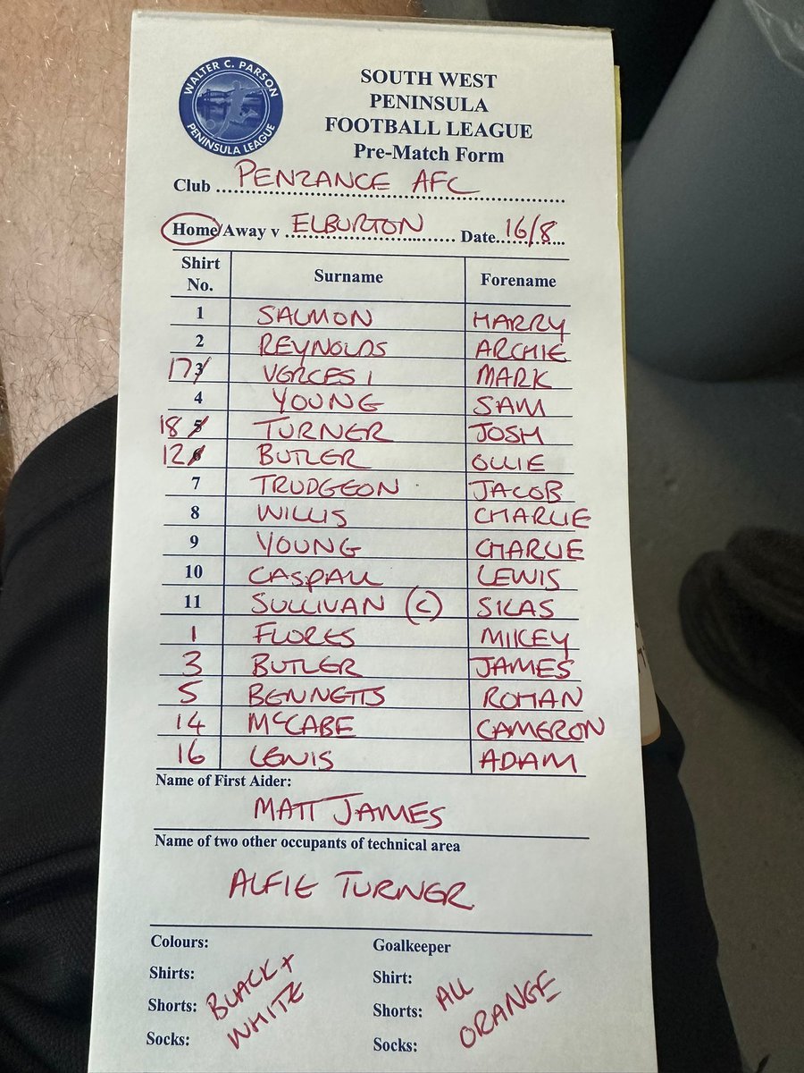 PenzanceAFC's tweet photo. LINE-UP
Sadly Ewan Trevains has failed a fitness test, but we welcome back Cameron McCabe to the club after spells with St Day and St Blazey. Here is your Magpies team to face @ElburtonVilla https://t.co/6kXijEJZ0U