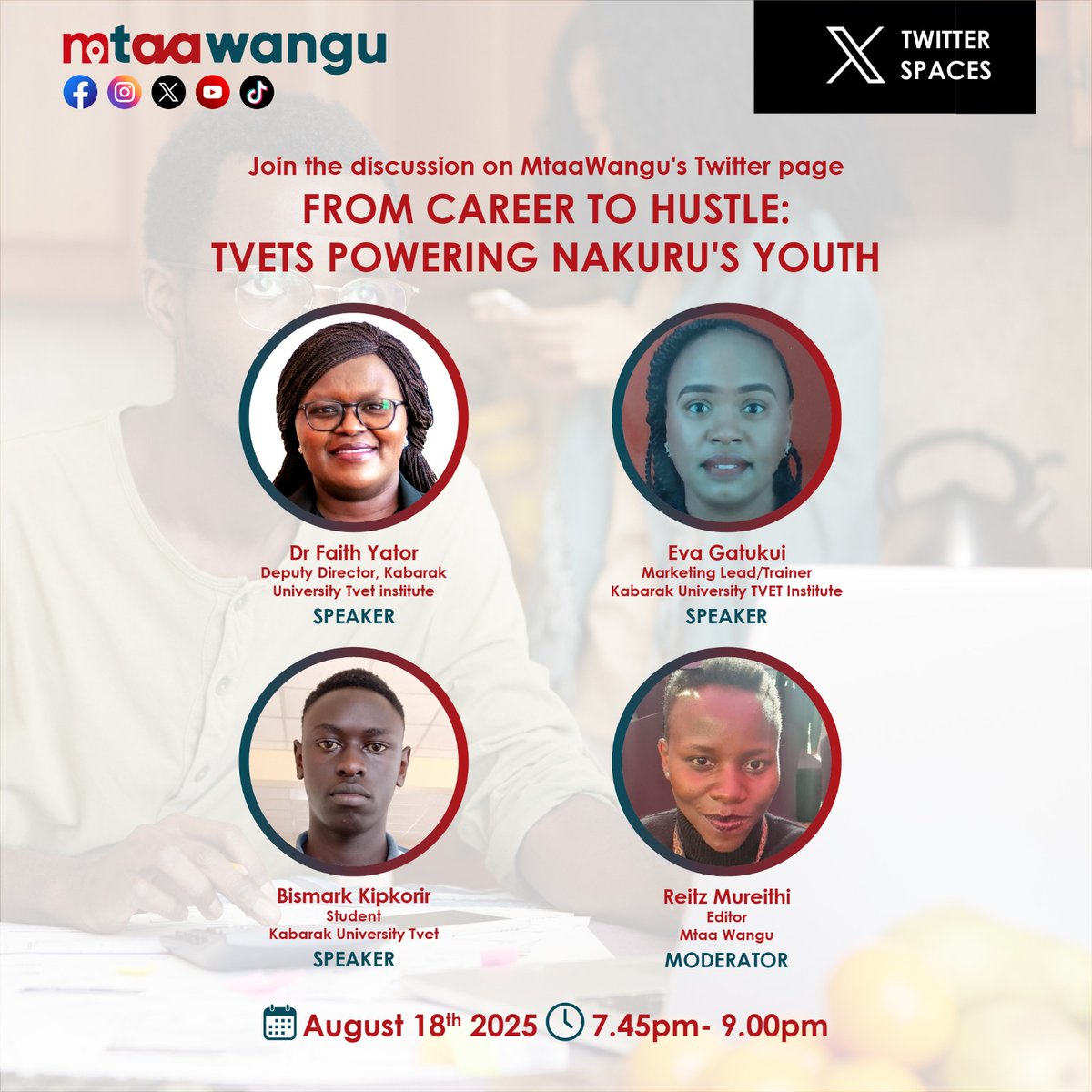 MtaaWangu's tweet photo. From Career to Hustle: How TVETs are empowering Nakuru's youth. Tune in for an inspiring X Space discussion on skills, opportunities, and the future of work.

Join the conversation August 18, 7:45 PM - 9:00 PM EAT:
https://t.co/1883pOBsht            

#NakuruMtaaWangu #Nakuru https://t.co/3bXUvOfZlL
