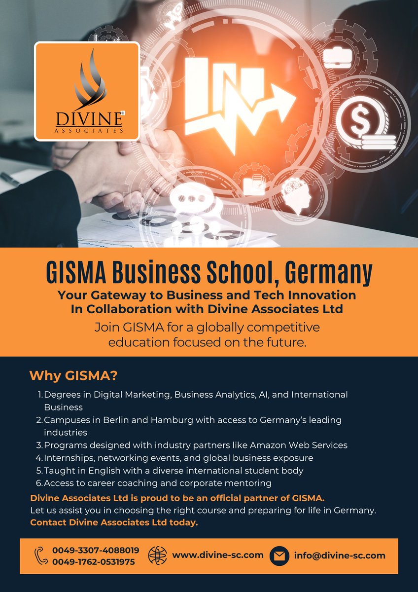 DivineAssociat's tweet image. Future-focused business degrees await at GISMA—apply via Divine Associates Ltd.
#GISMAGermany #TechAndBusiness #ShapeYourFuture #GISMAWithDivine #DivineAssociates