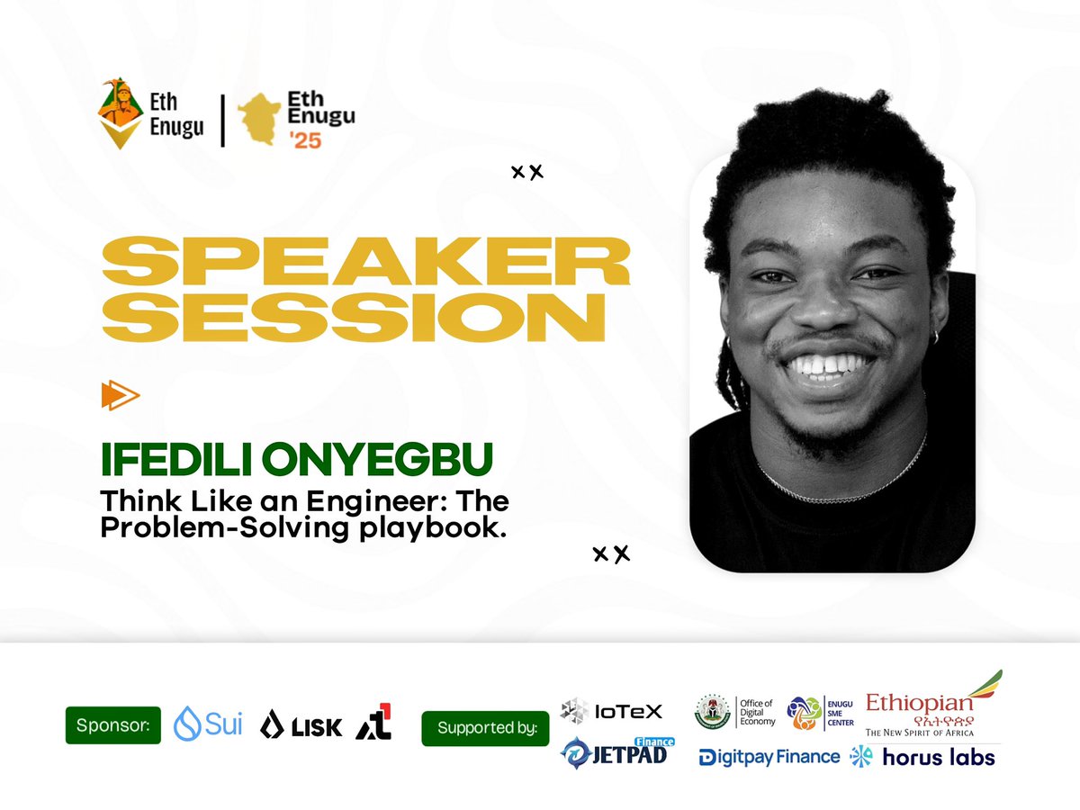Eth Enugu || 042 Onchain (@eth_enugu) on Twitter photo Over 1000 are seated listening to our speakers.
<a href="/SauceCodee/">Ifedili 👨🏽🍳</a> will be speaking to us at Eth Enugu'25, on this topic: Think like an Engineer: The problem-solving playbook.
See y’all on stage
Register: ethenugu.xyz Over 1000 are seated listening to our speakers.
<a href="/SauceCodee/">Ifedili 👨🏽🍳</a> will be speaking to us at Eth Enugu'25, on this topic: Think like an Engineer: The problem-solving playbook.
See y’all on stage
Register: ethenugu.xyz