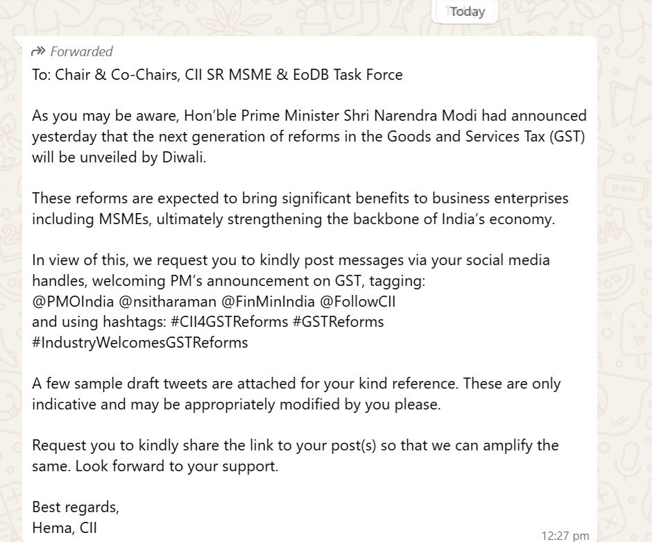 Praveen Chakravarty (@pravchak) on Twitter photo After lauding Modi’s GST for a decade, <a href="/FollowCII/">Confederation of Indian Industry</a> now asks industrialists to praise Modi for admitting GST was a disaster👇🏽
They even provide tweet drafts for industrialists to post, with clear instructions on who to tag🤦🏽♂️
Corporates are not so craven & servile even in N.Korea! After lauding Modi’s GST for a decade, <a href="/FollowCII/">Confederation of Indian Industry</a> now asks industrialists to praise Modi for admitting GST was a disaster👇🏽
They even provide tweet drafts for industrialists to post, with clear instructions on who to tag🤦🏽♂️
Corporates are not so craven & servile even in N.Korea!