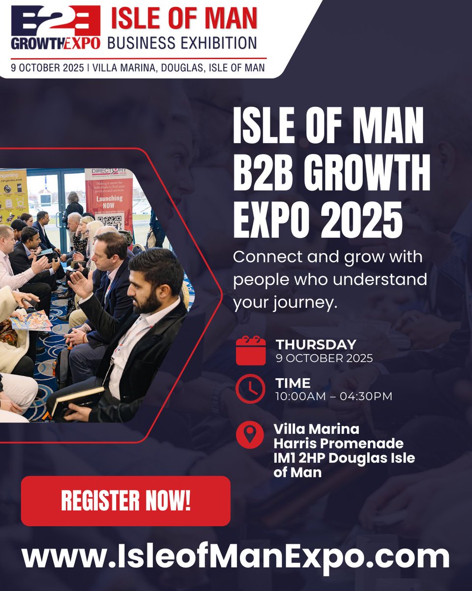 Isle of Man B2B Growth Expo 2025 – Everything Your Business Needs — In One Place! 📢

 Date : 9 October 2025 
 Location: Villa Marina
 Time: 10:00 AM – 4:30 PM
 Check the comments to secure your ticket now !
#IsleOfMan #B2BGrowthExpo #BusinessGrowth #NetworkingEvent