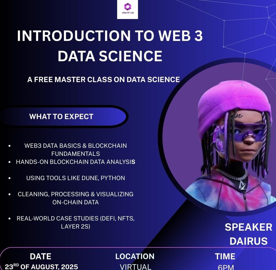 Analyst Lab (@analystlab_hq) on Twitter photo Mini thread alert.🧵🧵
You asked, and we answered!
Next week Saturday is set to be one you won’t forget. 
Join <a href="/AnalystLab_HQ/">Analyst Lab</a> and <a href="/DairusOkoh/">Dairus</a> for a FREE Web3 Data Science Masterclass happening:
📅 Saturday, 23rd August 2025
⏰ 6:00 PM WAT Mini thread alert.🧵🧵
You asked, and we answered!
Next week Saturday is set to be one you won’t forget. 
Join <a href="/AnalystLab_HQ/">Analyst Lab</a> and <a href="/DairusOkoh/">Dairus</a> for a FREE Web3 Data Science Masterclass happening:
📅 Saturday, 23rd August 2025
⏰ 6:00 PM WAT