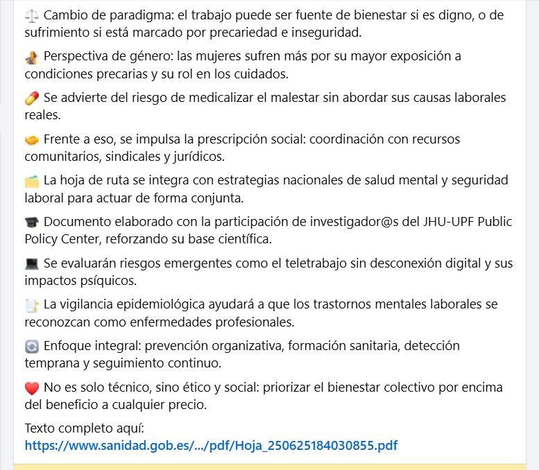 📗 <a href="/AENSaludMental/">AEN Salud Mental</a> presenta en Facebook “Trabajo y salud mental: una hoja de ruta para las administraciones sanitarias en España” sanidad.gob.es/gabinetePrensa… 2025, DIRECCIÓN <a href="/belengonzalezc/">Belén González</a> Comisionada de Salud Mental del Ministerio de Sanidad.