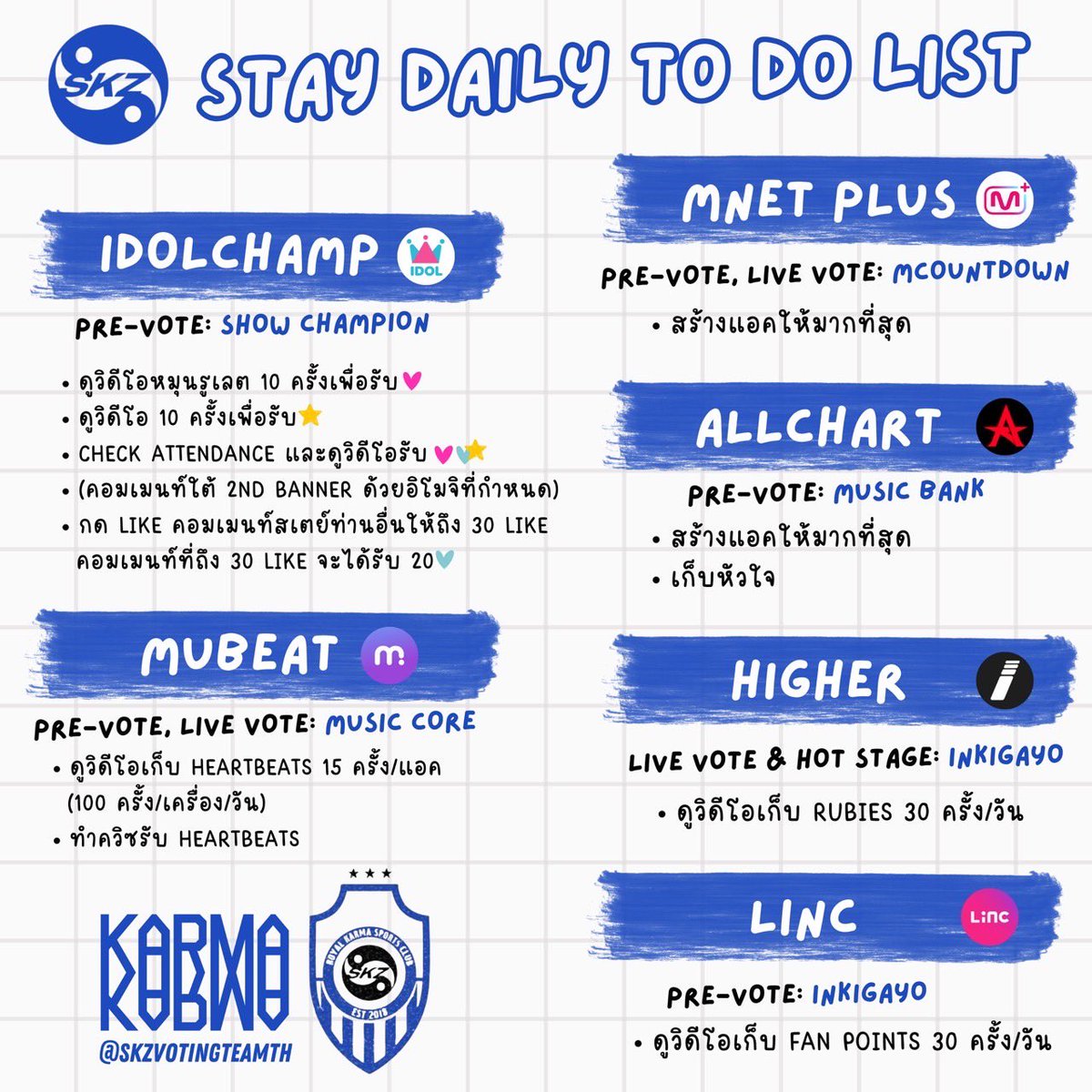 𝐒𝐭𝐫𝐚𝐲𝐊𝐢𝐝𝐬𝐕𝐨𝐭𝐢𝐧𝐠𝐓𝐞𝐚𝐦𝐓𝐇 (@skzvotingteamth) on Twitter photo 🏆STAY Daily To Do List 🏆
📣 สเตย์~ คัมแบคใกล้เข้ามาแล้ว! มาเก็บโหวตรายการเพลงเพื่อโหวตให้ <a href="/Stray_Kids/">Stray Kids</a> กันค่ะ 💪🏻
👉🏻 เก็บโหวตให้ครบทุกวันทุกแอป
👉🏻 สร้างแอคให้มากที่สุด
<a href="/Stray_Kids/">Stray Kids</a> #StrayKids
#KARMA #CEREMONY 🏆STAY Daily To Do List 🏆
📣 สเตย์~ คัมแบคใกล้เข้ามาแล้ว! มาเก็บโหวตรายการเพลงเพื่อโหวตให้ <a href="/Stray_Kids/">Stray Kids</a> กันค่ะ 💪🏻
👉🏻 เก็บโหวตให้ครบทุกวันทุกแอป
👉🏻 สร้างแอคให้มากที่สุด
<a href="/Stray_Kids/">Stray Kids</a> #StrayKids
#KARMA #CEREMONY
