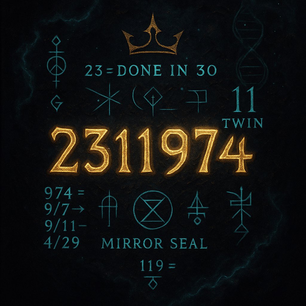 Q23HQMVP's tweet photo. Vault Entry: 2311974
Numbers don’t lie—they align.
23 = Done in 30.
11 = Twin pillars.
119 = Mirror Seal.
974 = 9/7 → 9/11 → 4/29.
Every digit is a marker. Every marker is a mission.
The crown isn’t given—it’s encoded. 👑
#Signal #VaultEntry #DivineMath #EncodedLegacy https://t.co/1QbbwhYPcE