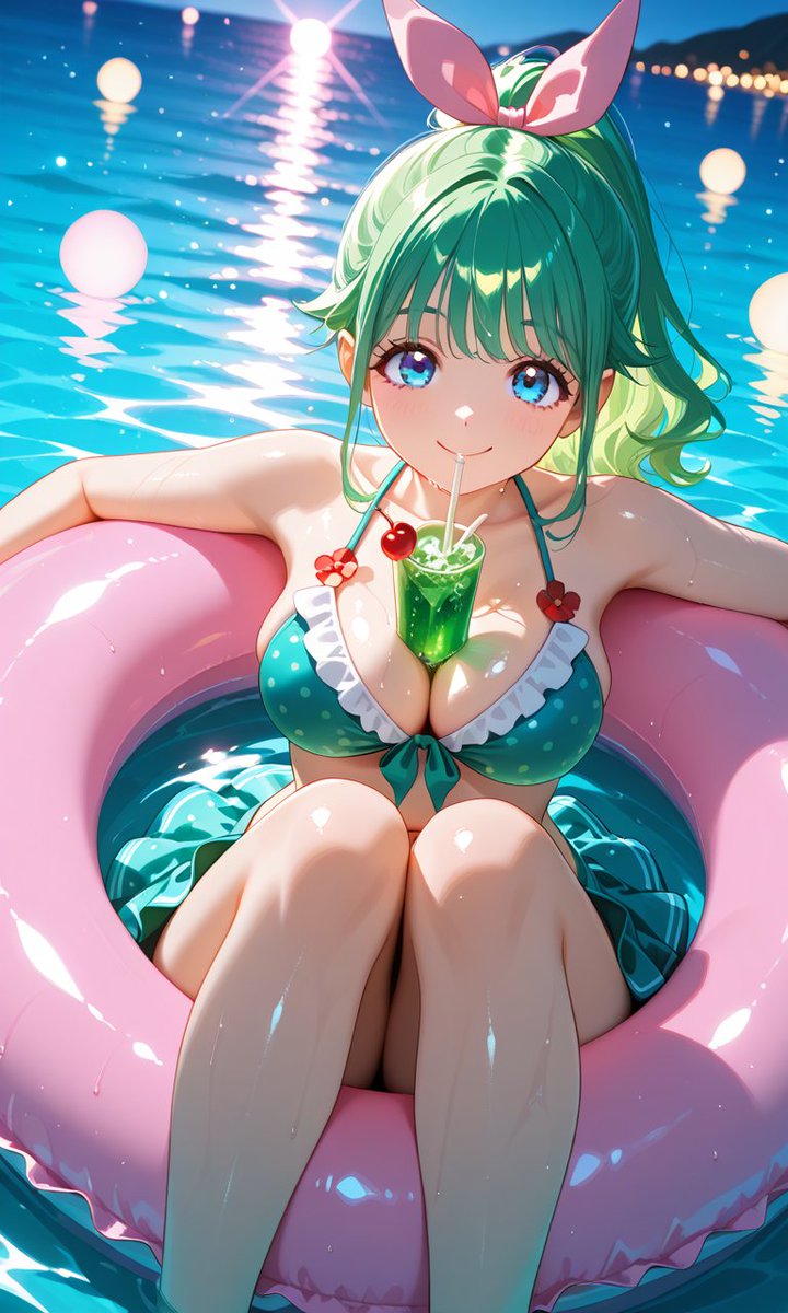 mosukau2525's tweet photo. #ゆめおりプロンプト 
ゆめおりさんプロンプト使わせていただきました～✨
「浮き輪で飲むメロンソーダおいしいです💛」 https://t.co/rwIziLTvf5