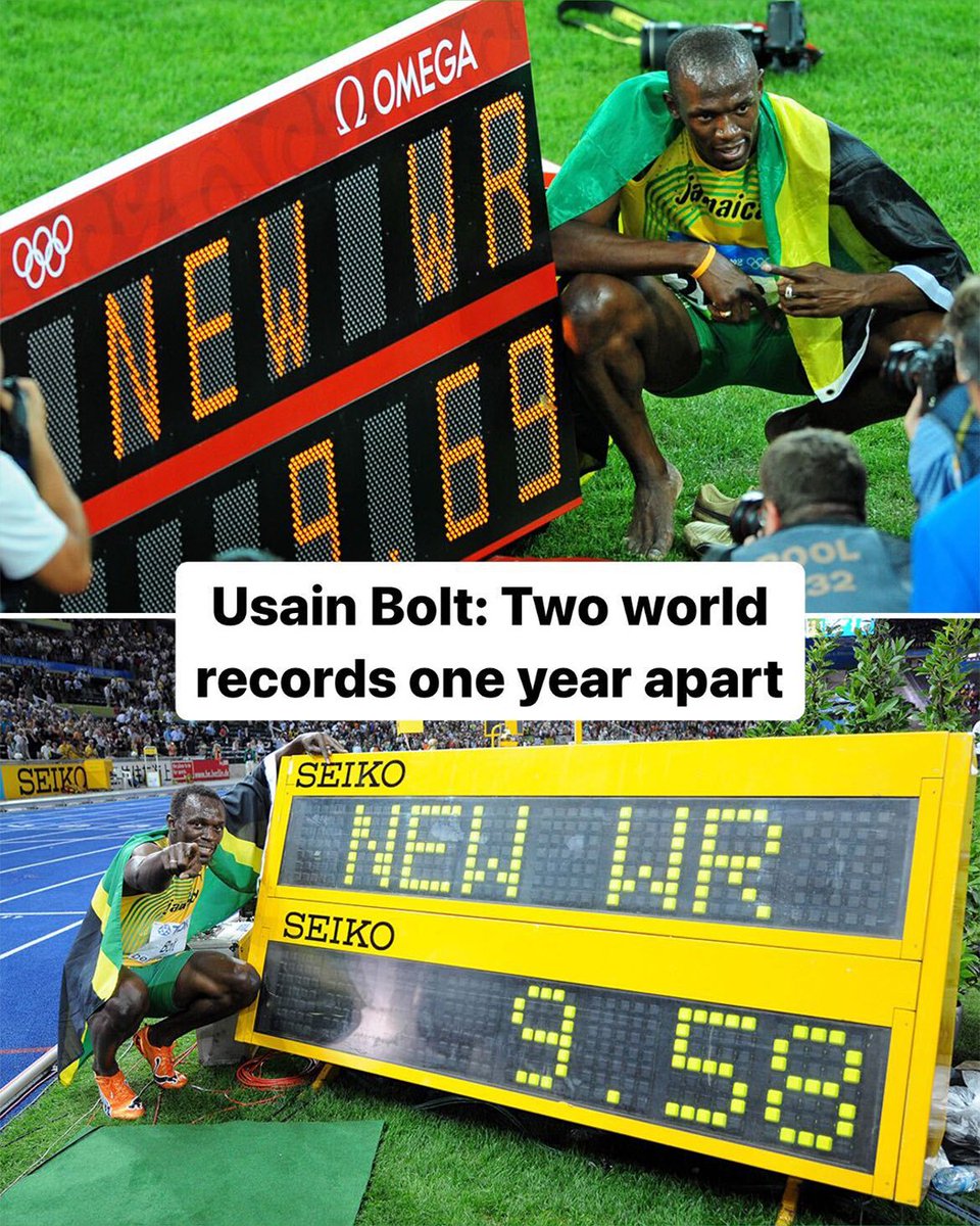 🇯🇲Usain Bolt🐐 Same day. One year apart. Two 100m world records.

9.69 - August 16th 2008
9.58 - August 16th 2009