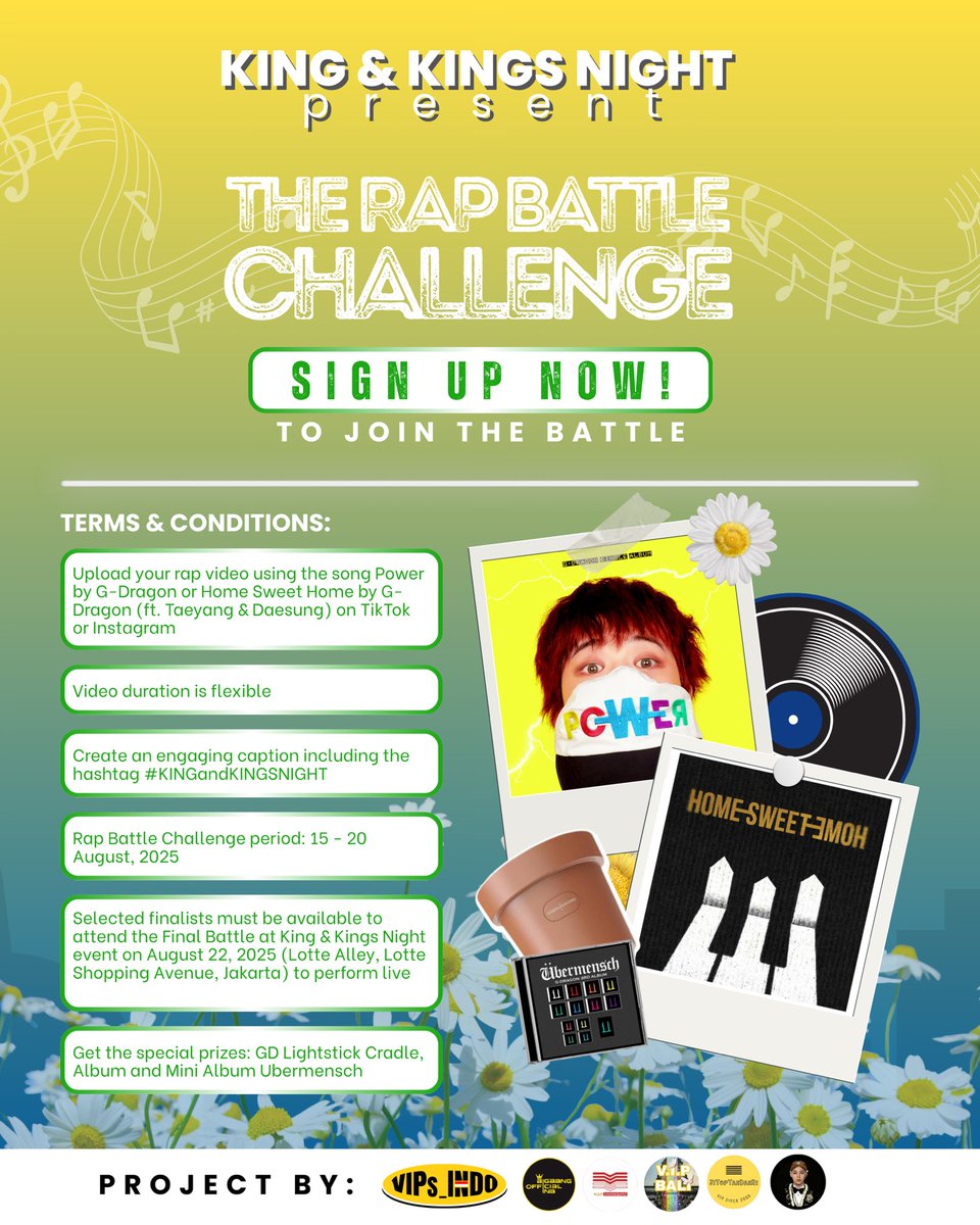 KING &amp; KINGS NIGHT PRESENTS: THE RAP BATTLE CHALLENGE 🎤👑

BIG FAM PRO X @fridaynoraebang

Sign Up Now to Join the Battle! 🎤🎶🎵

Terms &amp; Condition : 

1. Upload your rap video using the song Power by G-Dragon or Home Sweet Home by G-Dragon (ft. Taeyang &amp; Daesung) on TikTok or
