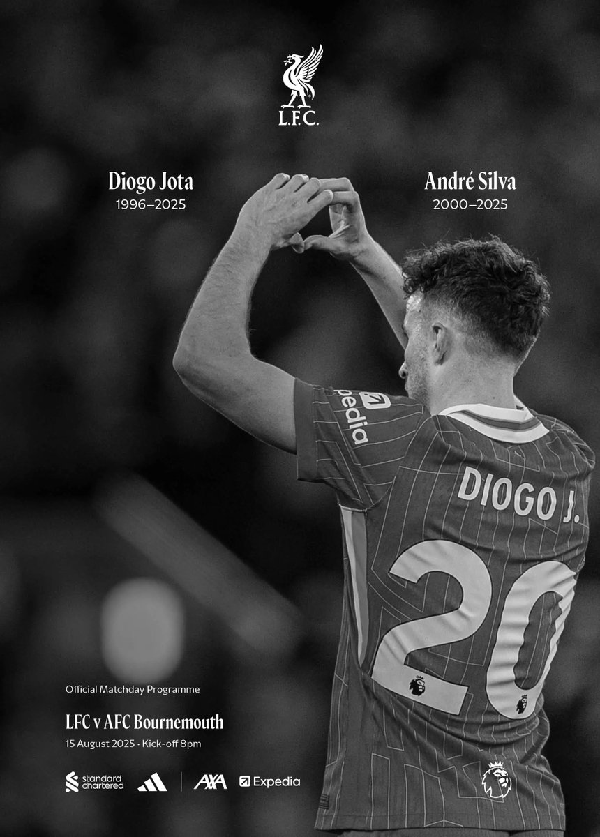 Premier Progs (@premierprogs) on Twitter photo Liverpool v Bournemouth - 15th August 2025 - official matchday programme available from buff.ly/ebeG5J3 A fitting tribute from the Reds remembering Diogo Jota and Andre Silva. Liverpool v Bournemouth - 15th August 2025 - official matchday programme available from buff.ly/ebeG5J3 A fitting tribute from the Reds remembering Diogo Jota and Andre Silva.