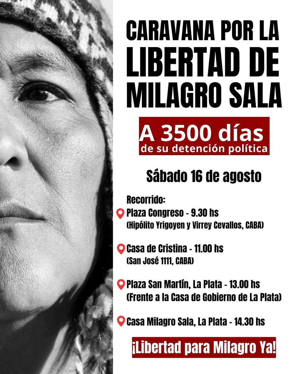 Caravana por la libertad de Milagro Sala 

A 3500 días de su detención política nos movilizamos para exigir su libertad.
