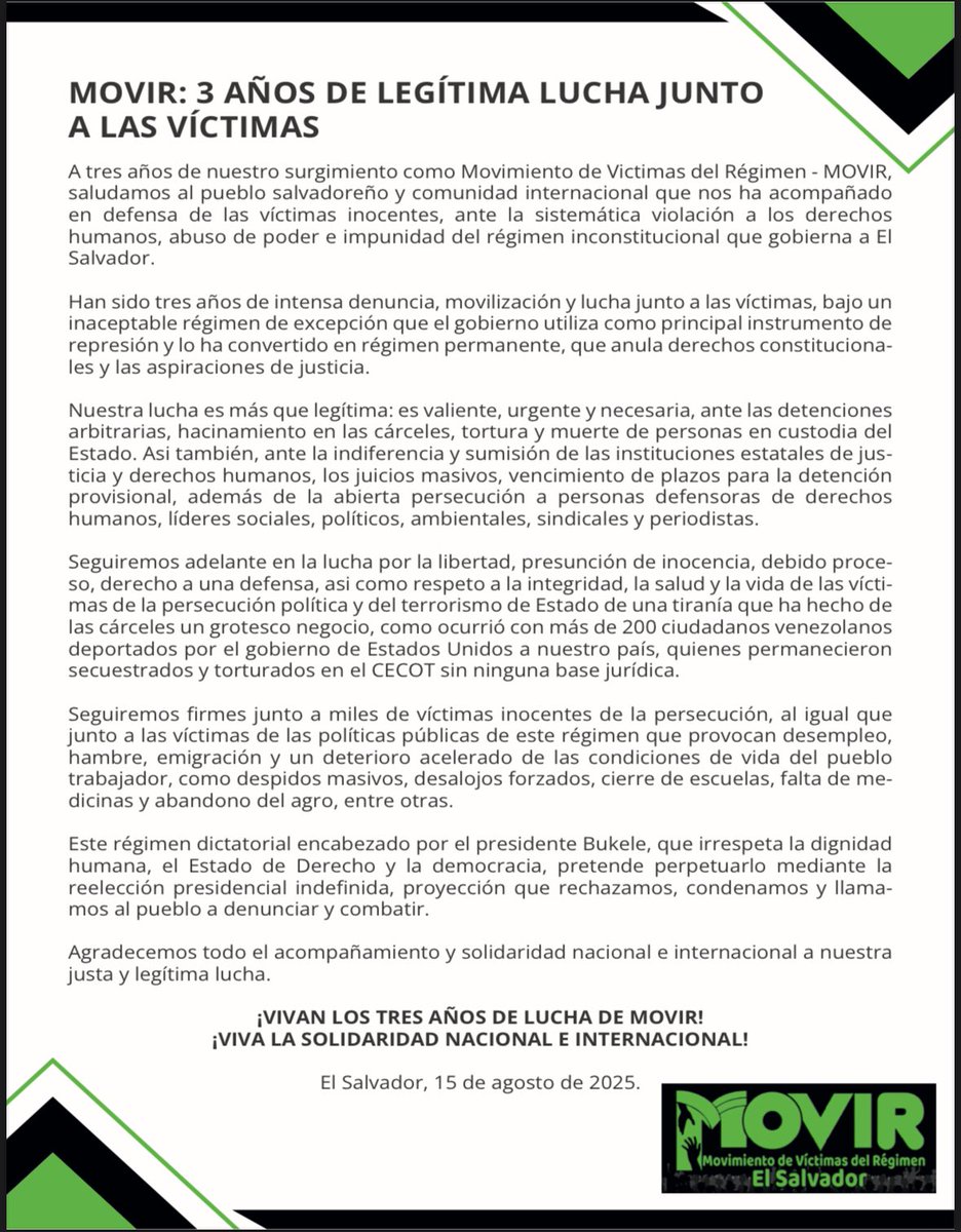 Movimiento de Víctimas del Régimen, El Salvador (@movirsv) on Twitter photo #MOVIR
3 años de lucha por la libertad de los inocente y por denunciar violaciones a los derechos humanos por parte del régimen de excepción <a href="/Pontifex_es/">Papa León XIV</a> <a href="/CIDH/">CIDH - IACHR</a> <a href="/CorteSupremaSV/">Corte Suprema de Justicia de El Salvador</a> <a href="/CorteIDH/">Corte Interamericana de Derechos Humanos</a> <a href="/vaticannews_es/">Vatican News</a> <a href="/WOLA_org/">WOLA</a> <a href="/CICR_DRMX/">CICR México y América Central</a> <a href="/PresidenciaSV/">Casa Presidencial 🇸🇻</a> #MOVIR
3 años de lucha por la libertad de los inocente y por denunciar violaciones a los derechos humanos por parte del régimen de excepción <a href="/Pontifex_es/">Papa León XIV</a> <a href="/CIDH/">CIDH - IACHR</a> <a href="/CorteSupremaSV/">Corte Suprema de Justicia de El Salvador</a> <a href="/CorteIDH/">Corte Interamericana de Derechos Humanos</a> <a href="/vaticannews_es/">Vatican News</a> <a href="/WOLA_org/">WOLA</a> <a href="/CICR_DRMX/">CICR México y América Central</a> <a href="/PresidenciaSV/">Casa Presidencial 🇸🇻</a>