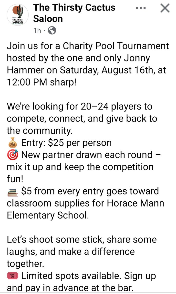 jonnyhammer66's tweet photo. Please share the details for our CHARITY POOL TOURNAMENT RESCHEDULED  for September 6th
Please Sign Up at the Thirsty Cactus Saloon https://t.co/hjagh6MaV5