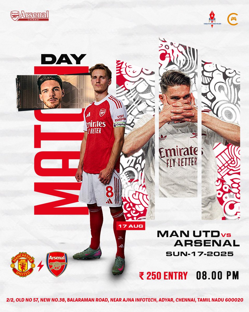 ArsenalChennai's tweet photo. WE ARE SCREENING THE PREMIER LEAGUE SEASON OPENER!!
******EVENT EXCLUSIVE FOR ARSENAL FANS*****
📆 17th Aug 2025, Sunday
📷 08:00 PM IST onwards
📍Chaos Entertainment, Adayar.
Entry Fee: Rs. 250 per head. Snacks will be provided. #COYG #MUNARS #MUFCvsAFC #EPL #ACSC https://t.co/C6AsJwHJWb