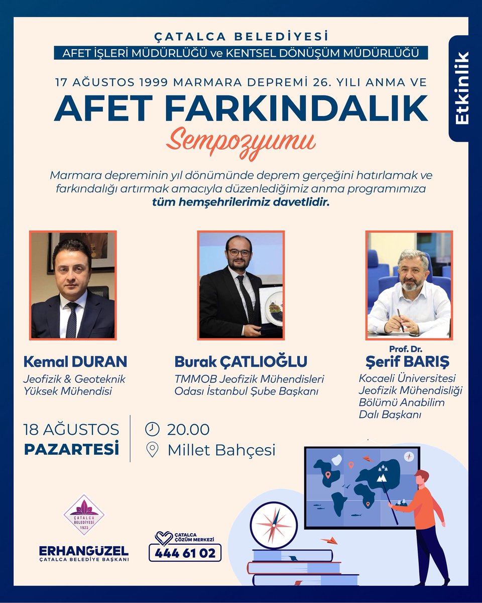 17 Ağustos 1999 Depreminin 26.Yılı Anma ve Afet Farkındalık Sempozyumumuza davetlisiniz. 

🗓️18 Ağustos Pazartesi
🕗20:00
📍Millet Bahçesi