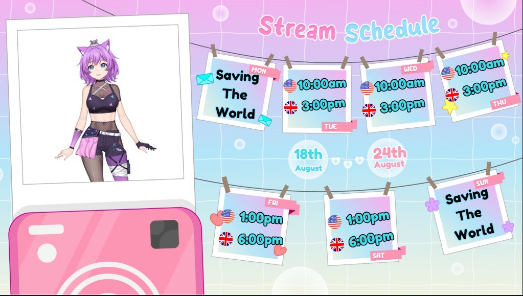 Schedule for this week coming  starting the 19th ! let me know if there's any games coming out this week or you want to see me play this week! #Vtuber #Twitch