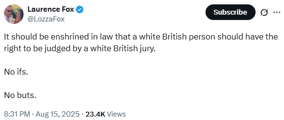 In case there was any doubt that <a href="/LozzaFox/">Laurence Fox</a> is a racist piece of excrement.