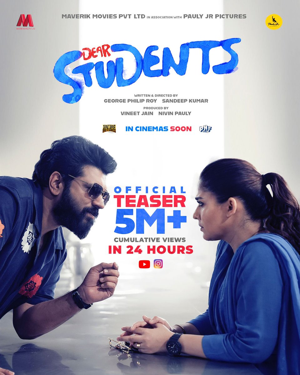Adarsh (@adarshoff_) on Twitter photo The #DearStudents teaser has surpassed 5 million views in a day, showcasing the massive enthusiasm for Nivin Pauly and Nayanthara's upcoming film.
<a href="/NivinOfficial/">Nivin Pauly</a> #NivinPauly #DearStudents #Nayanthara <a href="/PaulyPictures/">Pauly Jr Pictures</a>. The #DearStudents teaser has surpassed 5 million views in a day, showcasing the massive enthusiasm for Nivin Pauly and Nayanthara's upcoming film.
<a href="/NivinOfficial/">Nivin Pauly</a> #NivinPauly #DearStudents #Nayanthara <a href="/PaulyPictures/">Pauly Jr Pictures</a>.