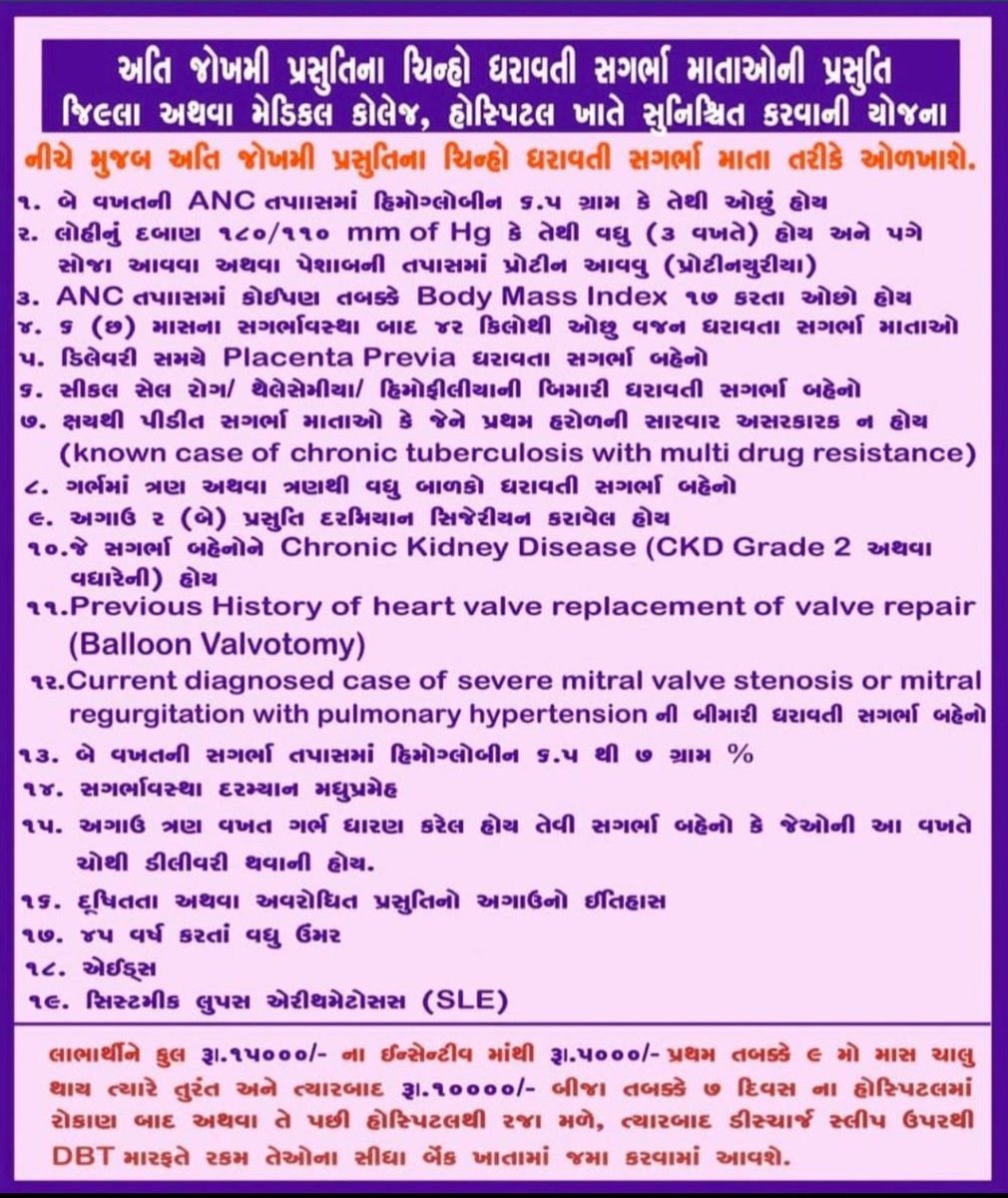 "અતિ જોખમી" પ્રસુતિનાં ચિન્હો ધરાવતી સગર્ભા માતાઓની પ્રસુતિ  સુવિધા સમ્પન્ન જીલ્લા હોસ્પિટલ અથવા મેડિકલ કોલેજ હોસ્પિટલ ખાતે સુનિશ્વિત કરવાની યોજના..