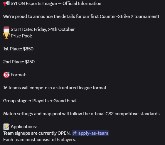 SYLONCS's tweet image. SYLON Esports League is here!
🗓 Starts Oct 24
🏆 $1,000 Prize Pool
🥇 $850 | 🥈 $150
16 teams. One champion.

Team signups are OPEN now 

#CS2 #Esports #SYLON