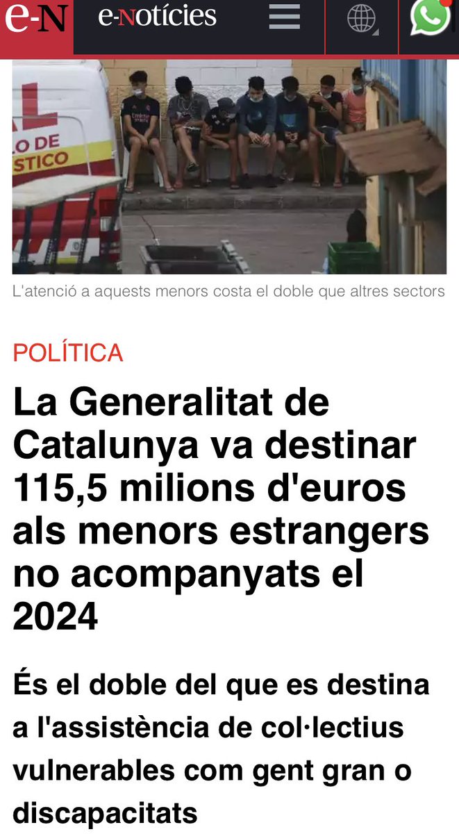 4.785 € : cost mensual per un Mena

785 € : la mitjana per una pensió de viudetat

2.290 € : bruts, el salari mitjà

2.230€ : el cost mensual per persona per plaça residencial

El que destina la Generalitat, en un sol mes als MENAs, ho destina en tot un any, a crear places