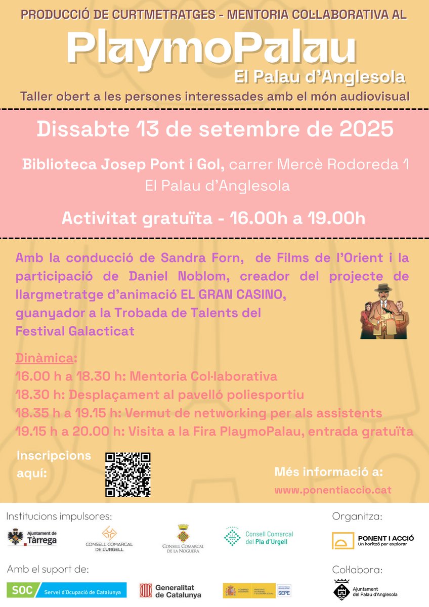 Ajuntament del Palau d'Anglesola (@ajuntamentpalau) on Twitter photo 🎬 Mentoria col·laborativa al PlaymoPalau
🖊 ja.cat/PlaymoPalau
📅 El dissabte, 13 de setembre de 2025
⏰ De 16 a 19h
📍 Biblioteca Josep Pont i Gol del #PalaudAnglesola
#EnsPlauElPalau
<a href="/ajtarrega/">Ajuntament de Tàrrega</a>
<a href="/cc_urgell/">Consell Comarcal de l'Urgell</a>
<a href="/ccplaurgell/">Consell Comarcal del Pla d'Urgell</a>
<a href="/gencat/">Generalitat de Catalunya</a> 🎬 Mentoria col·laborativa al PlaymoPalau
🖊 ja.cat/PlaymoPalau
📅 El dissabte, 13 de setembre de 2025
⏰ De 16 a 19h
📍 Biblioteca Josep Pont i Gol del #PalaudAnglesola
#EnsPlauElPalau
<a href="/ajtarrega/">Ajuntament de Tàrrega</a>
<a href="/cc_urgell/">Consell Comarcal de l'Urgell</a>
<a href="/ccplaurgell/">Consell Comarcal del Pla d'Urgell</a>
<a href="/gencat/">Generalitat de Catalunya</a>
