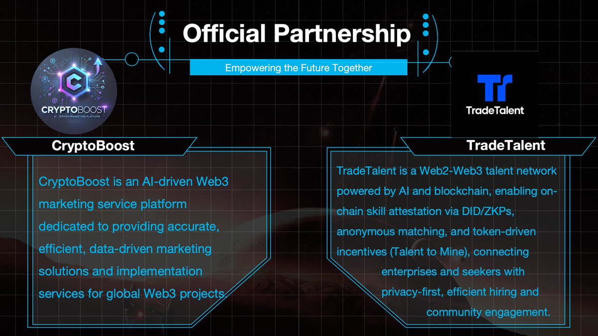 CryptoBoostvip's tweet photo. 🎉 We’re proud to announce our partnership with @TradeT_official !
A new era of decentralized talent matching begins — with AI, privacy, and on-chain credentials at the core. 🔗

Together with TradeTalent, we’re building a smarter hiring and collaboration network for the Web3 world.
#AI #TalentToMine #Web3Jobs #DecentralizedHR #DID #ZKProofs #HiringReimagined #Partnership #CryptoBoost