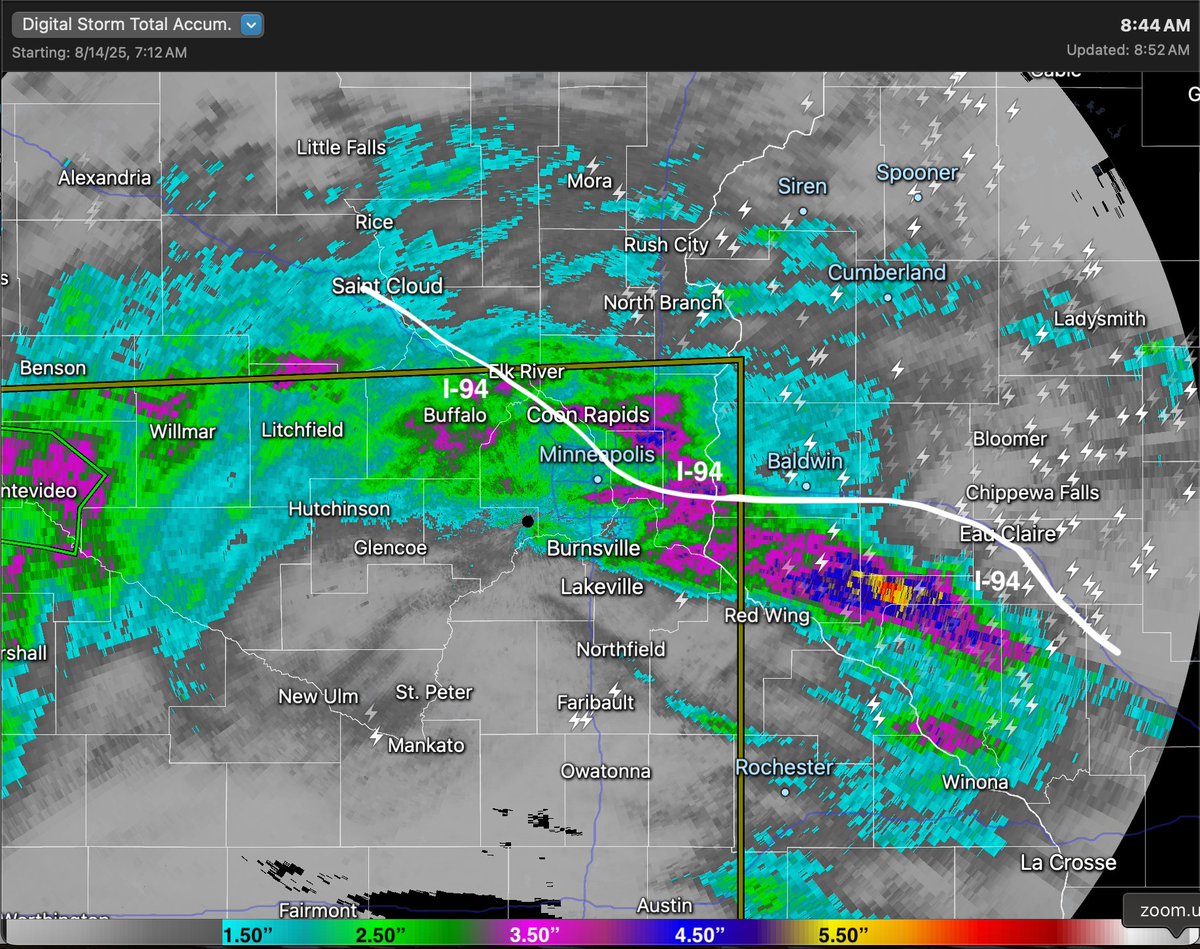 Here are the radar estimated 24 hour RAIN totals as of about 9am today. As expected, some of the highest totals were near or along the I-94 corridor in MN/WI where 2.00" to 4.00"+ are common. Localized flooding also occurred.