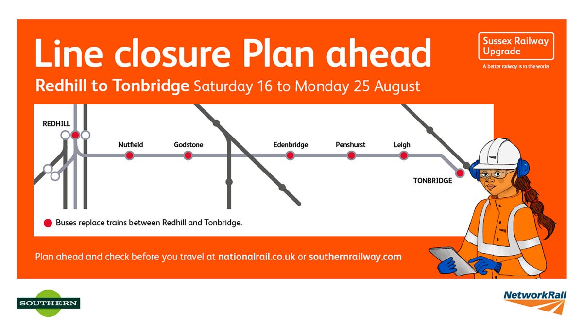 🚧 Buses will replace trains between Redhill &amp; Tonbridge from Sat 16 to Mon 25 August while Network Rail carries out major engineering work. Plan ahead at southernrailway.com
 
ℹ️ Read more here including bus stop location info &amp; alternative routes 👇
southernrailway.com/service-update…