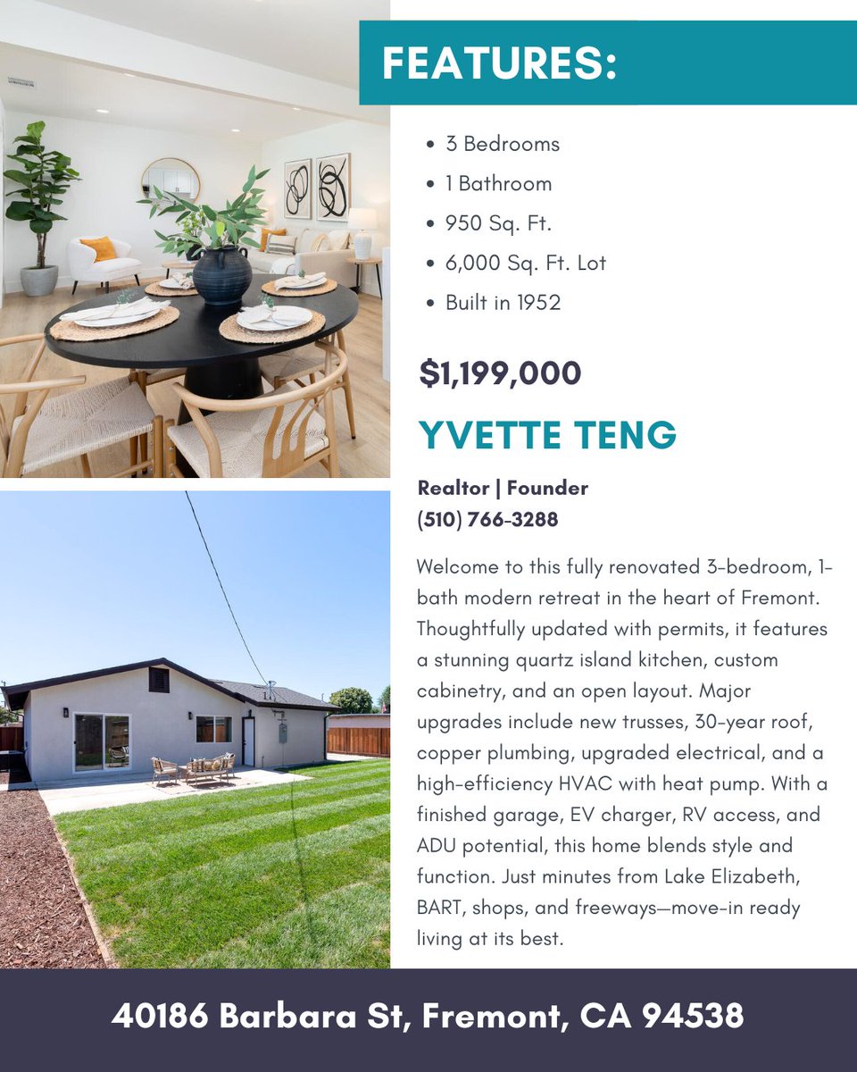 yvetteeverhome's tweet photo. 🏡 Open House This Weekend
📍 40186 Barbara St, Fremont, CA 94538
🗓️ Sat &amp; Sun | 1–4 PM

Fully renovated 3BR/1BA w/ sleek quartz kitchen, new roof, HVAC, EV charger, RV access &amp; ADU potential. Prime location near Lake Elizabeth, BART &amp; shops!

🔗 https://t.co/fDL4cYe85B

#realtor https://t.co/EC42Zcebfj