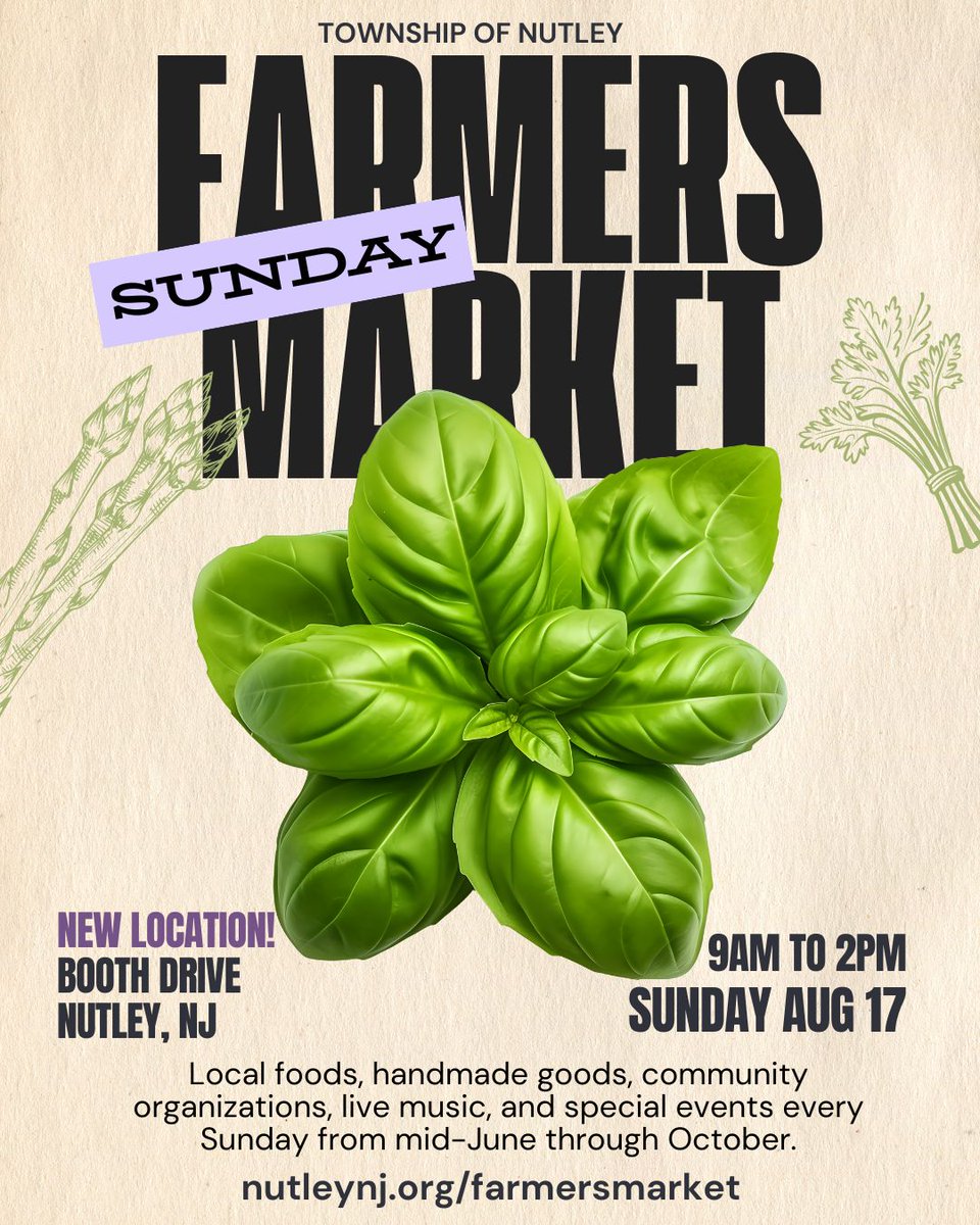 🥬 Perfect Picks! It's the Sunday Aug 17 9am-2pm Nutley Farmers Market!
🍅 <a href="/JerseyFreshNJDA/">Jersey Fresh</a> produce, food, beverages, flowers, handmade goods, more!
📍 New Location: Booth Drive, Nutley
💚 See you at the #NutleyFarmersMarket!
➡️ More: instagram.com/p/DNax2EAuC7G