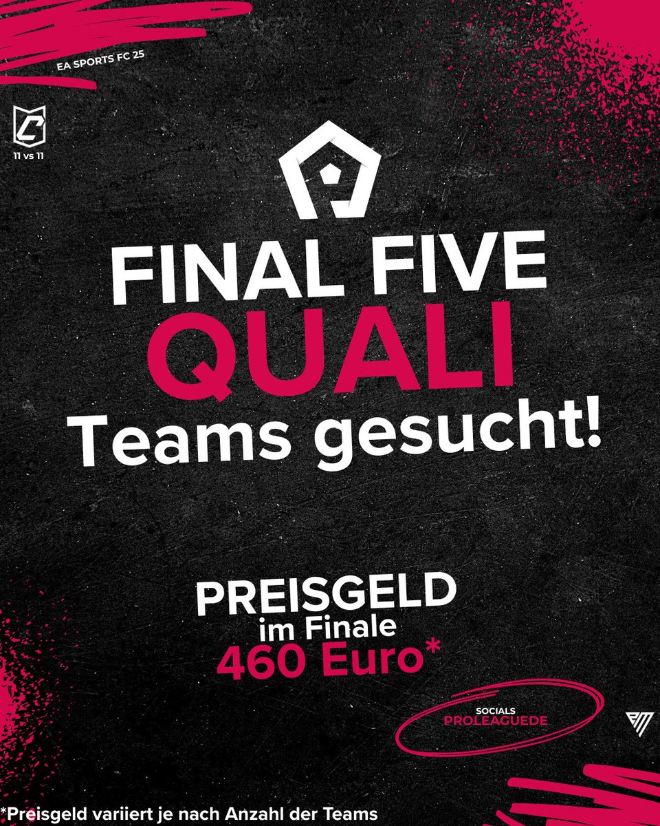 🚨ProLeague - FINAL FIVE 🚨

Die Suche läuft – Teams gesucht! ⚽🔥
Spielt euch ins große Finale und sichert euch die Chance auf ein Preisgeld von 460€! 💰

👉 Meldet euer Team jetzt an und zeigt, was ihr draufhabt! discord.gg/ks8TrJKFrX

#FIFA25 #EASPORTSFC25 #ProLeague