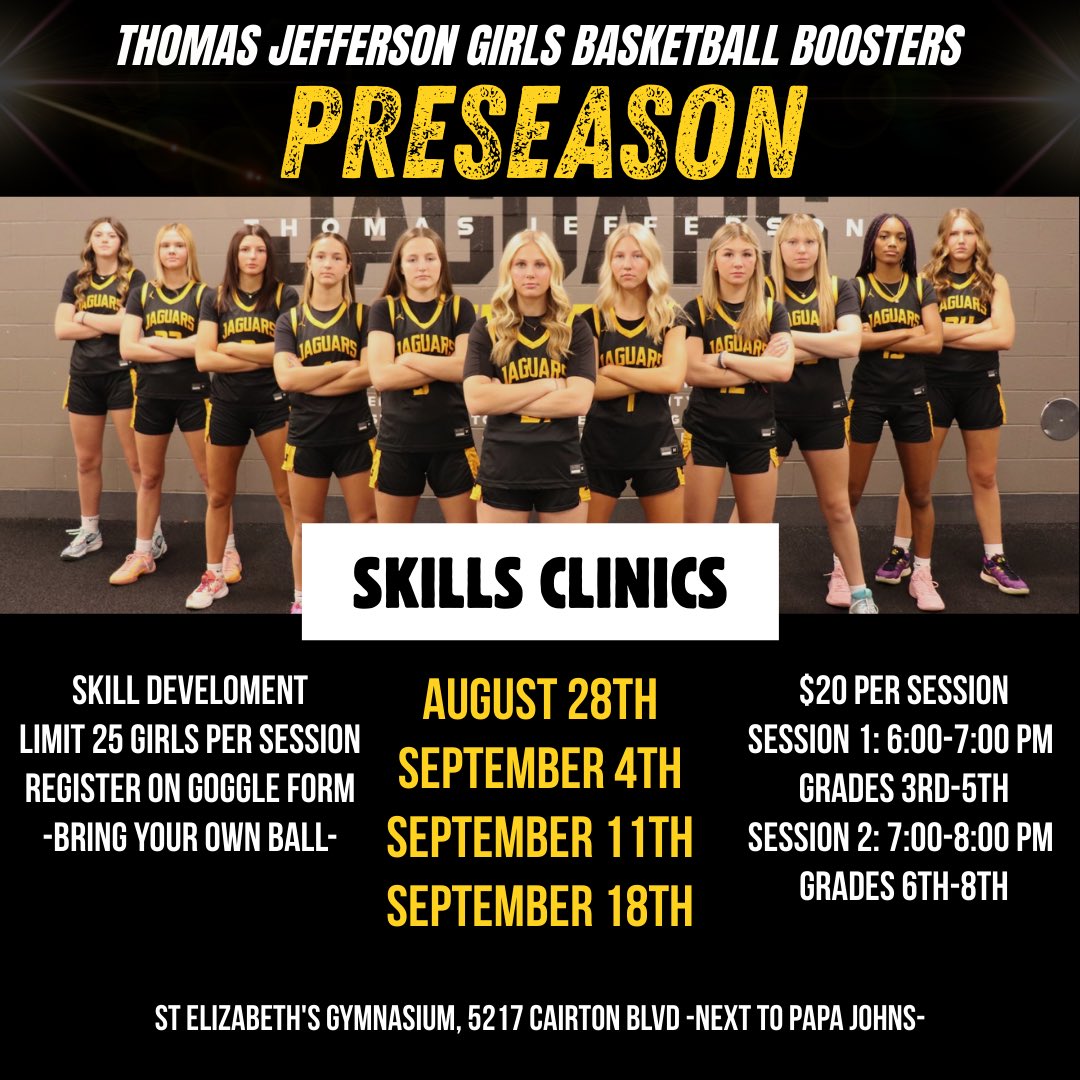 Sign up now! Prepare for your upcoming hoops season with the TJ Girls Basketball Boosters! We will be hosting 4 sessions of Skills Clinics starting August 28th! More information and registration below 

docs.google.com/forms/d/e/1FAI…
