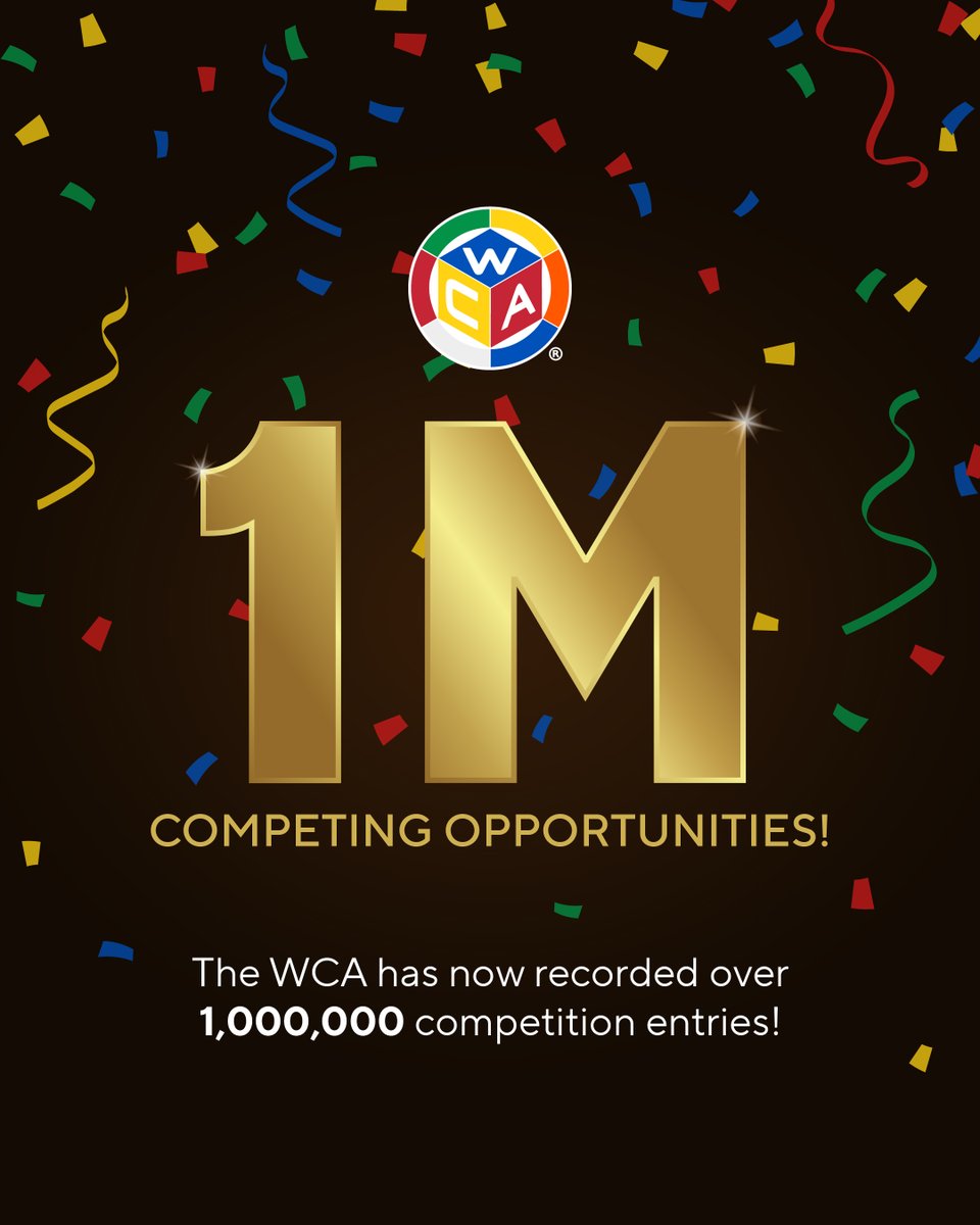 theWCAofficial's tweet photo. We're really excited to announce that just this week, the WCA has broken 1 million competition entries!

This is an incredible milestone, demonstrating a growth that wouldn't be possible without the immense support from our community. Thank you!

https://t.co/1pso0BYVP9 https://t.co/dzc0c9skXn