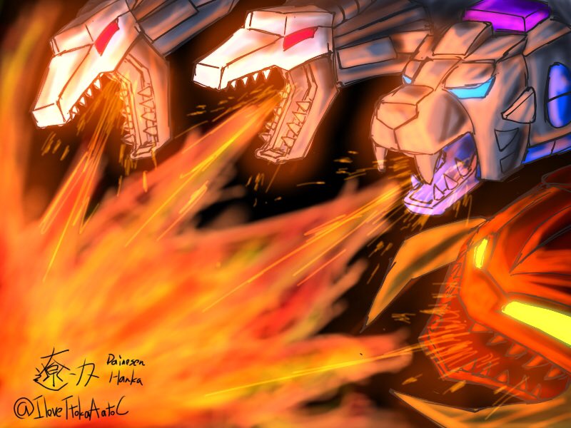 #TF版1時間お絵描き企画
＋5min
お題：花火/火花
玩具で実際に火花を出して火炎放射を再現出来たファイヤーボット（monster bots）達