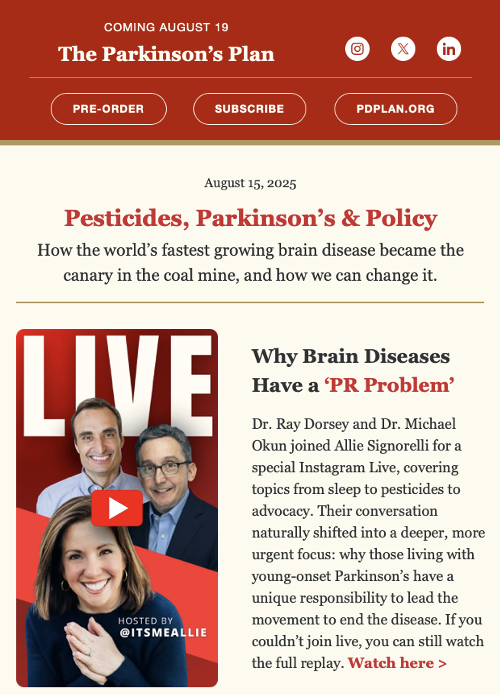 Michael Okun (@michaelokun) on Twitter photo The newest Parkinson's Plan newsletter just dropped. T-minus 3 days and counting until the print version and the digital version of The Parkinson's Plan goes live.
mailchi.mp/pdplan/pestici… #parkinson <a href="/ParkinsonDotOrg/">Parkinson's Foundation</a> <a href="/FixelInstitute/">Norman Fixel Institute for Neurological Diseases</a> pdplan.org The newest Parkinson's Plan newsletter just dropped. T-minus 3 days and counting until the print version and the digital version of The Parkinson's Plan goes live.
mailchi.mp/pdplan/pestici… #parkinson <a href="/ParkinsonDotOrg/">Parkinson's Foundation</a> <a href="/FixelInstitute/">Norman Fixel Institute for Neurological Diseases</a> pdplan.org