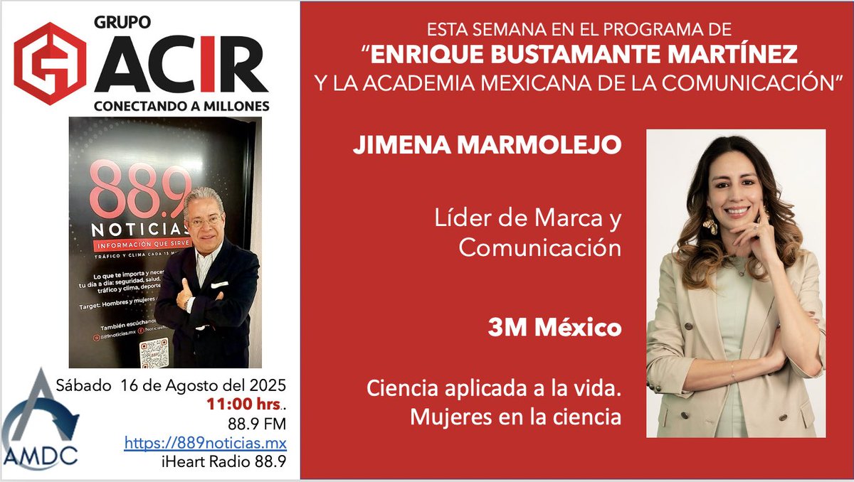 EnriqueB01's tweet image. Hoy en #MiProgramaDeRadio de la Academia Mexicana de la Comunicación, entrevisto a Jimena Marmolejo, Líder de Marca y Com de 3M México
La cápsula IA de @jhidalgo
11:00 hrs. en el 88.9 FM o 889noticias.mx y también a través de iHeart Radio 889