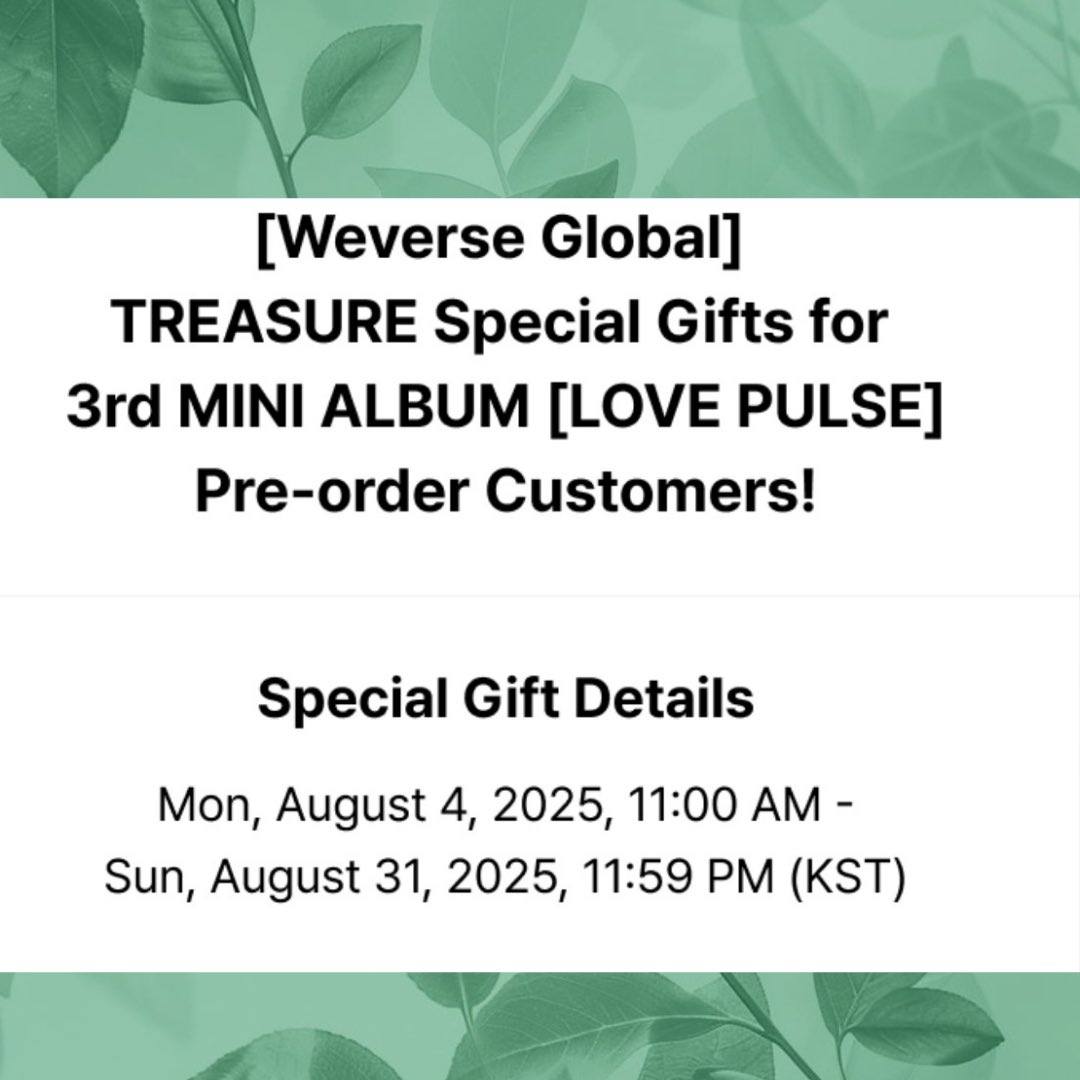 GOchromafael's tweet photo. 💎 OPEN PRE ORDER TREASURE 3rd MINI ALBUM [LOVE PULSE] TEUME VER 

💸472.340 || DP 300.000
⚖️400 gram

Shipping Sep 1, 2025 ~ Sep 8, 2025 (KST)

✅ bersih ina 🇮🇩
( berat atau rate tax naik harga naik, berat atau rate tax turun harga turun )

#TREASURE #teume https://t.co/56EJEej1kw