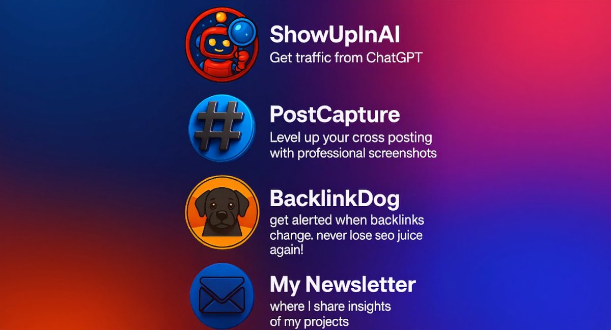 Daily Marketing Post 💫

📈 <a href="/ShowUpInAI/">ShowUpInAI 🚀</a>
📷 <a href="/PostCaptureCom/">PostCapture</a>
🐕 <a href="/BacklinkDog/">Backlink Dog</a>
📰 My Newsletter 👇