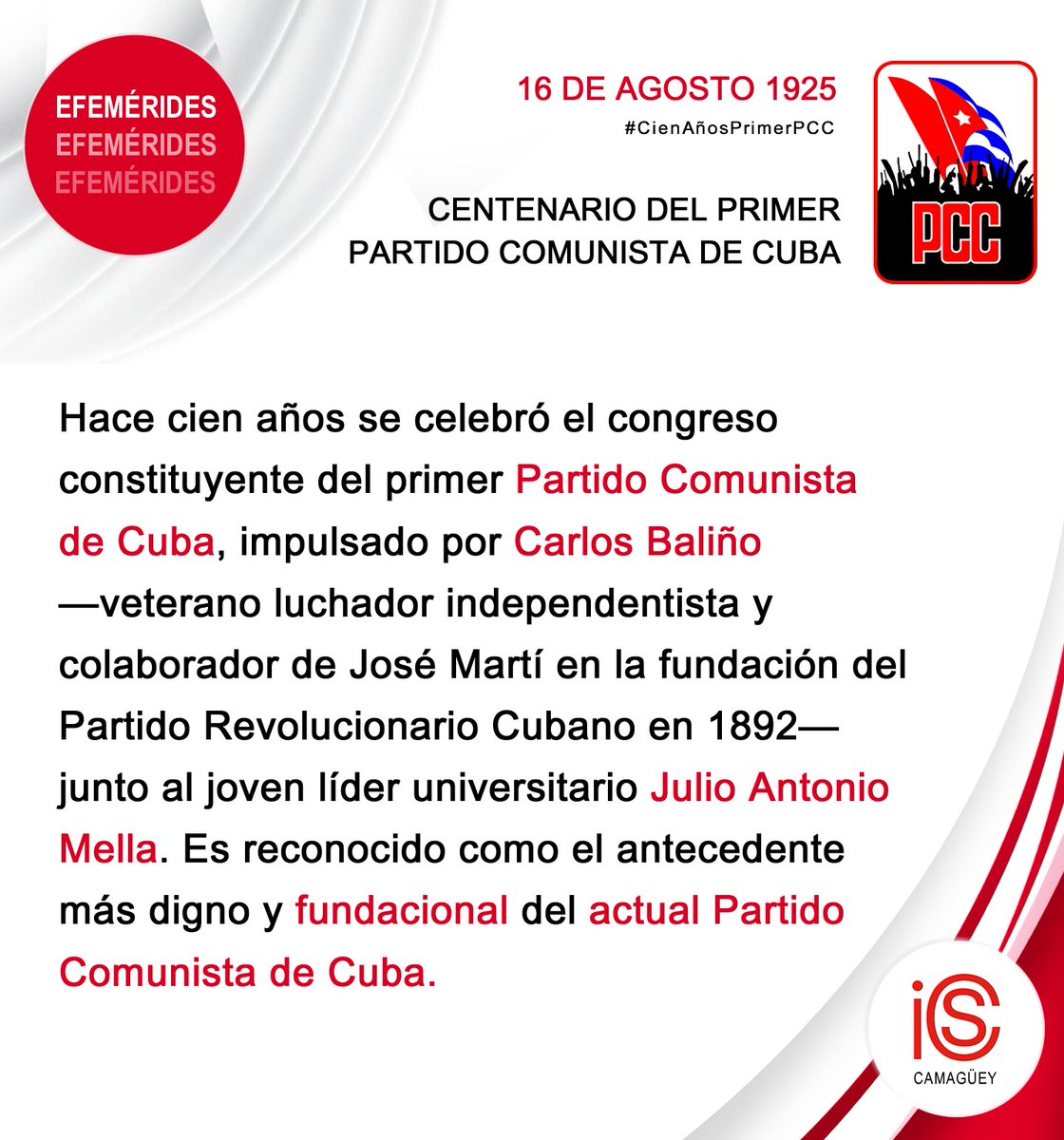 IcsCamaguey (@icscamaguey) on Twitter photo #CienAñosPrimerPCC
Recordamos este 16 de agosto el centenario de la fundación del primer <a href="/PartidoPCC/">Partido Comunista de Cuba</a> , impulsado por los luchadores Carlos Baliño y Julio Antonio Mella.
Digno antecedente de la actual organización política en #Cuba
<a href="/IcsCuba/">Instituto de Información y Comunicación Social</a> <a href="/alfonso_noya/">Alfonso Noya Martínez🇨🇺</a> <a href="/WalterNoris/">Walter Simon Noris</a> <a href="/josedh5/">José Díaz Hernández</a> #CienAñosPrimerPCC
Recordamos este 16 de agosto el centenario de la fundación del primer <a href="/PartidoPCC/">Partido Comunista de Cuba</a> , impulsado por los luchadores Carlos Baliño y Julio Antonio Mella.
Digno antecedente de la actual organización política en #Cuba
<a href="/IcsCuba/">Instituto de Información y Comunicación Social</a> <a href="/alfonso_noya/">Alfonso Noya Martínez🇨🇺</a> <a href="/WalterNoris/">Walter Simon Noris</a> <a href="/josedh5/">José Díaz Hernández</a>