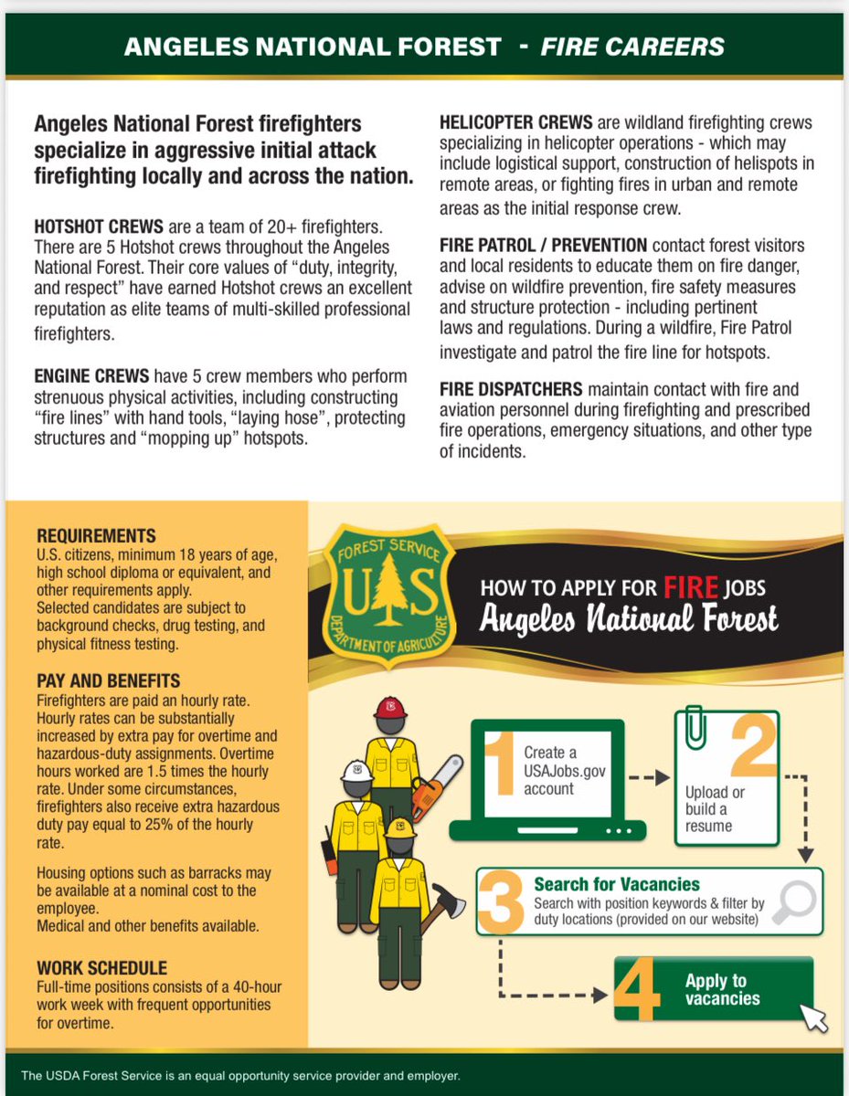 The Angeles National Forest will be hiring firefighters. 
🇺🇸🔥

The announcements open for applications on August 22, 2025. To be considered for these positions, apply to the vacancy announcements by the closing date of September 23, 2025. fs.usda.gov/r05/angeles/fi…