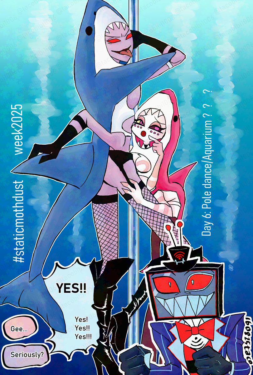 ブルースカイ再掲。
#staticmothdustweek
#staticmothdust
staticmothdust week 2025
Day 6 : Pole Dance / Aquarium

私は何でサメの着ぐるみ着せようと思ったんでしたっけ・・・？
Um, why did I try to make Val and Angel wear shark costumes and do pole dancing?