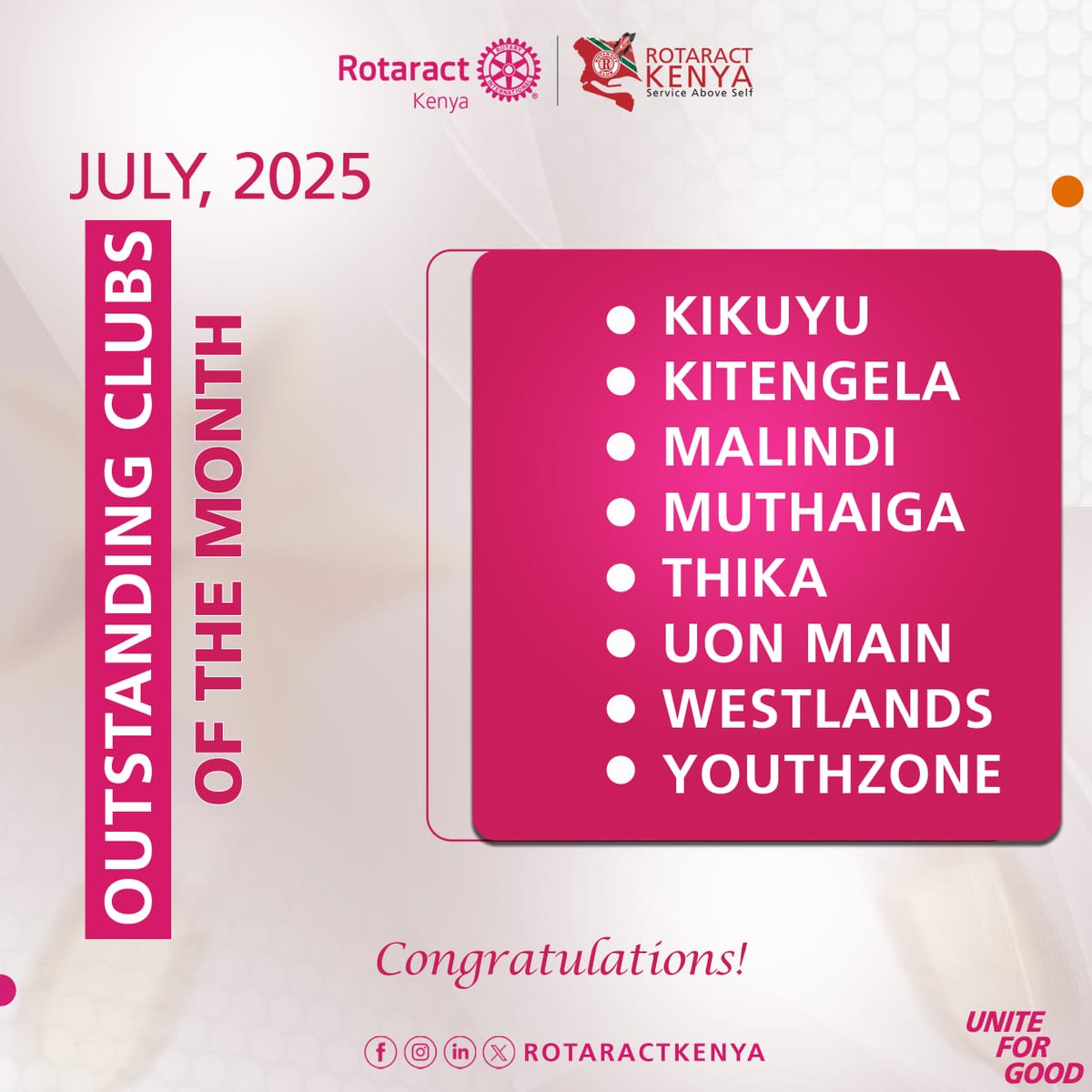 July’s Finest!🌟
Rotaract Kenya celebrates these Clubs for being the most outstanding clubs of the month, we recognise them for their impactful projects, prompt responses to district and country office inquiries, and timely submission of reports. 💼📈