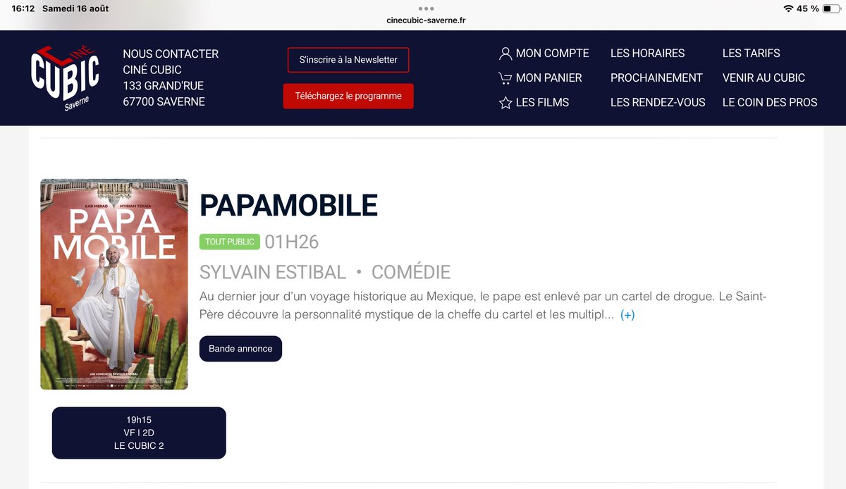 Bravo Ciné Cubic à #saverne en Alsace pour la programmation de #Papamobile ! Dommage je suis un peu loin.  #estibal #kad