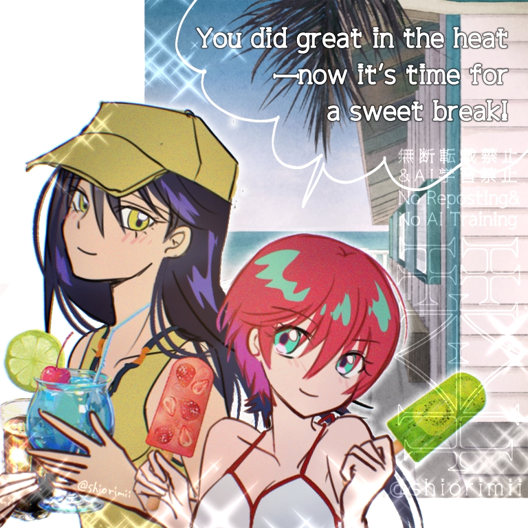 今日と明日は、浴衣からちょっと脱線で。

イベントに参加の皆さん、今日はお疲れ様でした！
明日も、熱中症には気をつけて楽しんできてくださいね～！

1日1枚マチュ&amp;ニャアン！
#GQuuuuuuX
#ジークアクス