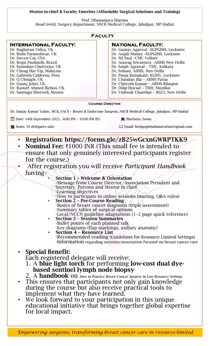 drskyind's tweet photo. What do you call a course that fills up within 24 hours of announcement?
✅ A course that answers a real need.
✅ A course that shows the huge demand for evidence-based, resource-sensitive breast cancer training in India.
We are overwhelmed by the response to the BRIDGE Course 2025 – Locally Adapted Breast Surgery Course. Within a single day, we touched the 50-seat limit. Many surgeons from across the country are still writing to us, eager to join.
After thoughtful discussions with our national and international faculty, we have decided to increase the seats to 100 delegates.
This is not just a course, it’s a movement to ensure global-standard breast cancer care in India, without compromise.
Register now before the expanded seats are also taken.
Together, let’s bridge the gap in breast cancer care
https://t.co/M8bTDPEdUc
#BRIDGE2025 #BreastCancerCare #GlobalStandardsLocalSolutions #OncologyEducation #SurgicalOncology #BreastSurgery #LowResourceInnovation #CancerCareIndia @BreastSurgeonGA @Dhananjayasha19 @Dhananjayasha19 @docrohan @DOSNSCBMC @DrJamesJakub @Ssuhani_surgeon @surgicelll @TomVargheseJr @Breastcancerorg @ainy_chougle @Raghavanvidya2 @SteveCaiMD @rrpaulinelli @VishvakC @AndreaLMerrill @pturnermd @NIHR_GSU @SirohiBhawna @DrJudyBoughey @AmCollSurgeons