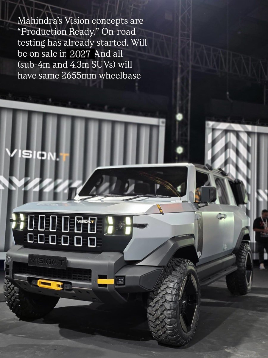 SirishChandran's tweet photo. Mahindra’s Vision concepts are “Production Ready.” On-road testing has already started. Will be on sale in 2027. And all (sub-4m and 4.3m SUVs) will have same 2655mm wheelbase 

A thread …. https://t.co/VJkBuY64HK