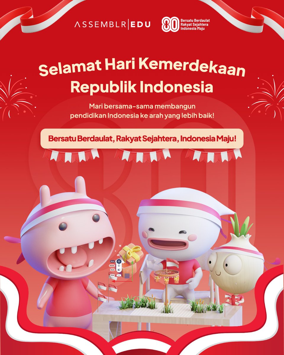 assemblrworld's tweet image. 80 tahun Indonesia merdeka! 🇮🇩
Assemblr EDU akan terus mendampingi Bapak/Ibu Guru mencetak generasi penerus bangsa yang hebat. 🧑🏻‍🎓📚
#AssemblrEDU #GuruHebat #HariMerdeka