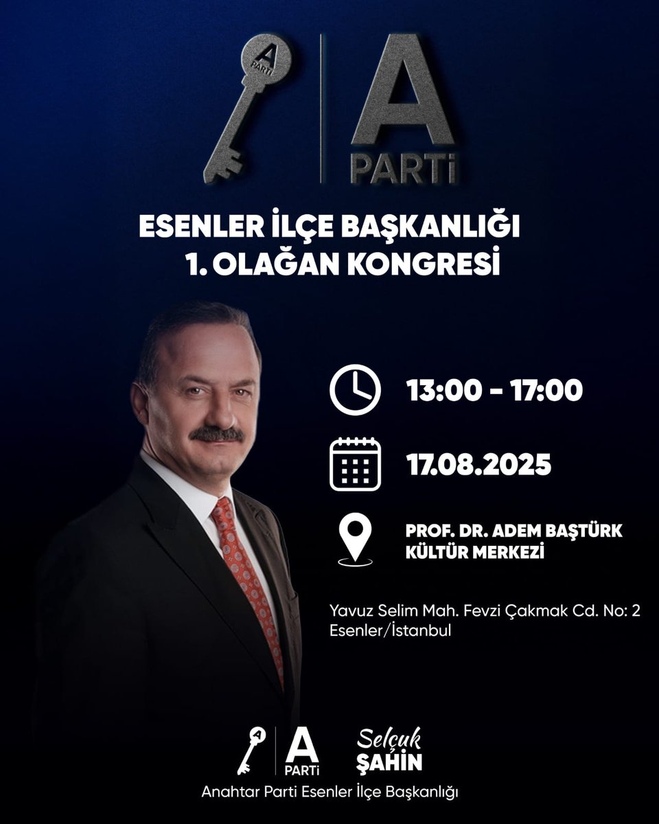 Yusuf ÇAY (@yuusufcay) on Twitter photo Yarın (17 Ağustos) Esenler’de gerçekleşecek kongremize tüm dostlarımız ev sahibi olarak davetlidir..
Anahtar bizde, gelecek elimizde!
<a href="/yavuzagiraliog/">Yavuz Ağıralioğlu</a> <a href="/Dr_CahitVural/">Op.Dr.Cahit Vural</a>
<a href="/slck60shn/">Selçuk Şahin</a> <a href="/esenleranahtar/">Anahtar Parti Esenler İlçe Başkanlığı</a> #anahtarparti #anahtarpartiesenler Yarın (17 Ağustos) Esenler’de gerçekleşecek kongremize tüm dostlarımız ev sahibi olarak davetlidir..
Anahtar bizde, gelecek elimizde!
<a href="/yavuzagiraliog/">Yavuz Ağıralioğlu</a> <a href="/Dr_CahitVural/">Op.Dr.Cahit Vural</a>
<a href="/slck60shn/">Selçuk Şahin</a> <a href="/esenleranahtar/">Anahtar Parti Esenler İlçe Başkanlığı</a> #anahtarparti #anahtarpartiesenler
