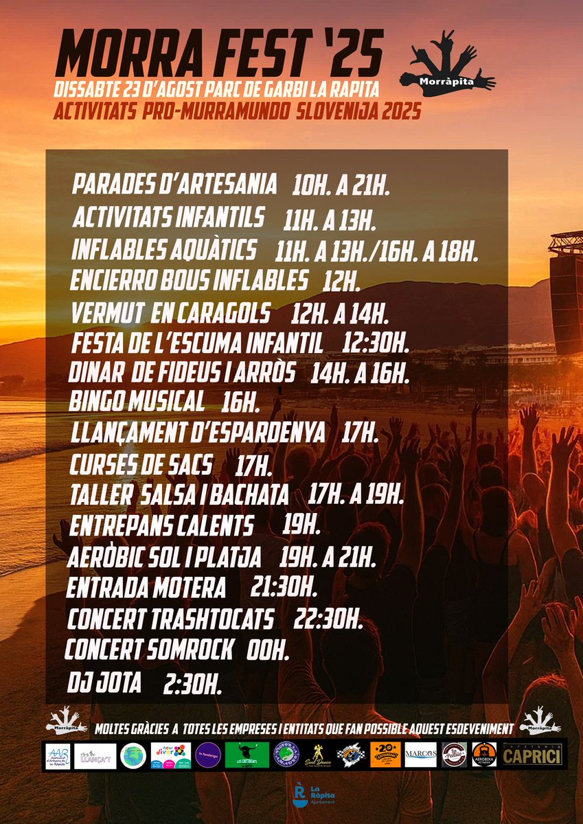 🎉 MORRA FEST ’25
#projectemurramundoeslovenia
🗒️ Dissabte 23 d’agost 
📍 La Ràpita

🩵 El #ParcdeGarbí s'omplirà de música, jocs, artesania local, gastronomia i bon ambient durant tot el dia. Només falteu vatros!

<a href="/ajlarapita/">Ajuntament de la Ràpita</a> #morra #murra
#joctradicional <a href="/fedejoctradicio/">F. C. J. E. D. T.</a>